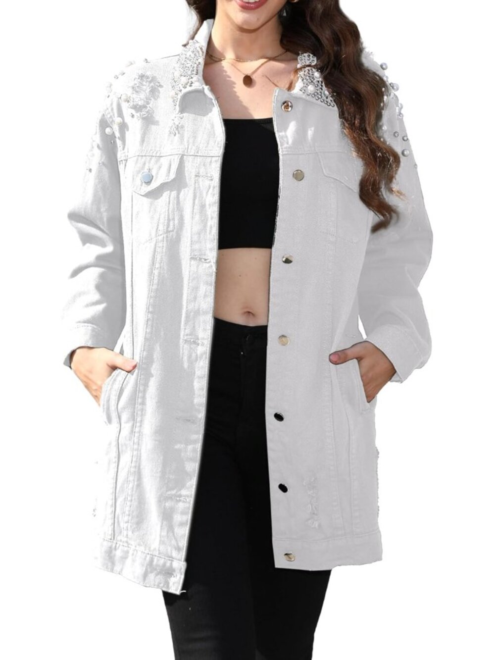 Women’s White Long Sleeve Denim Jacket Pearl Button Down Imported Boyfriend Coat